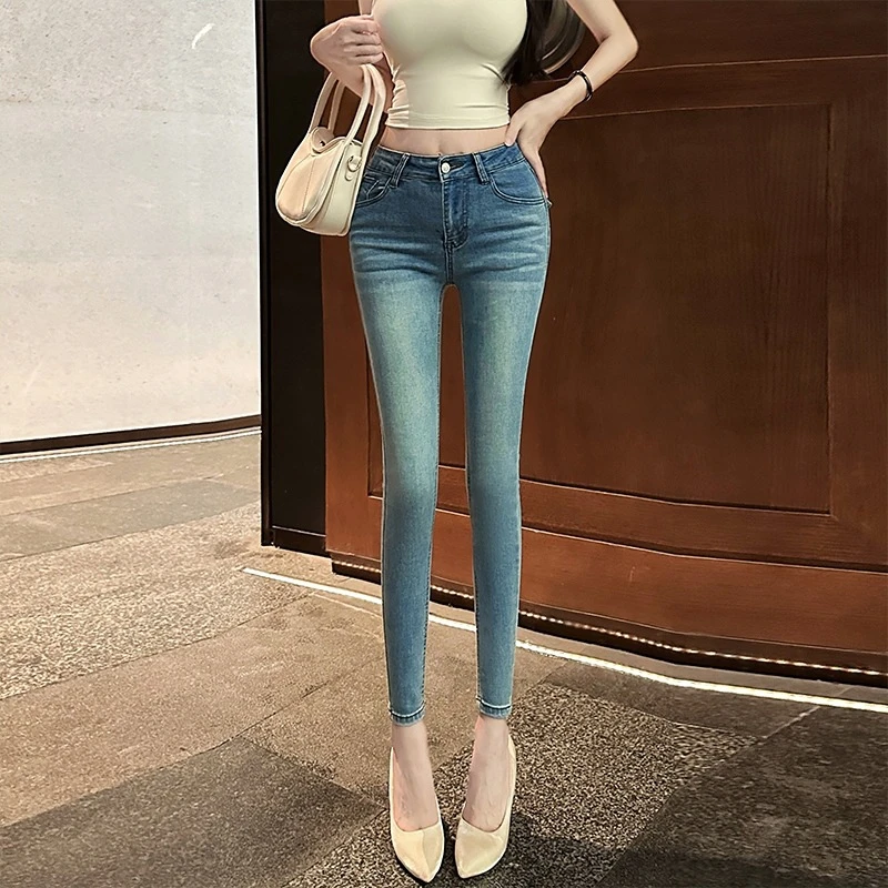 猫咪纹刺绣韩版辣妹牛仔裤女2025高腰弹力紧身显瘦提臀铅笔九分裤