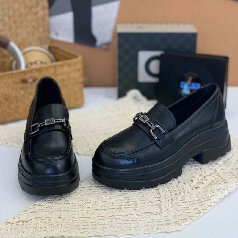 英伦风黑色小皮鞋女2025秋季新款厚底增高一脚蹬乐福鞋小个子单鞋