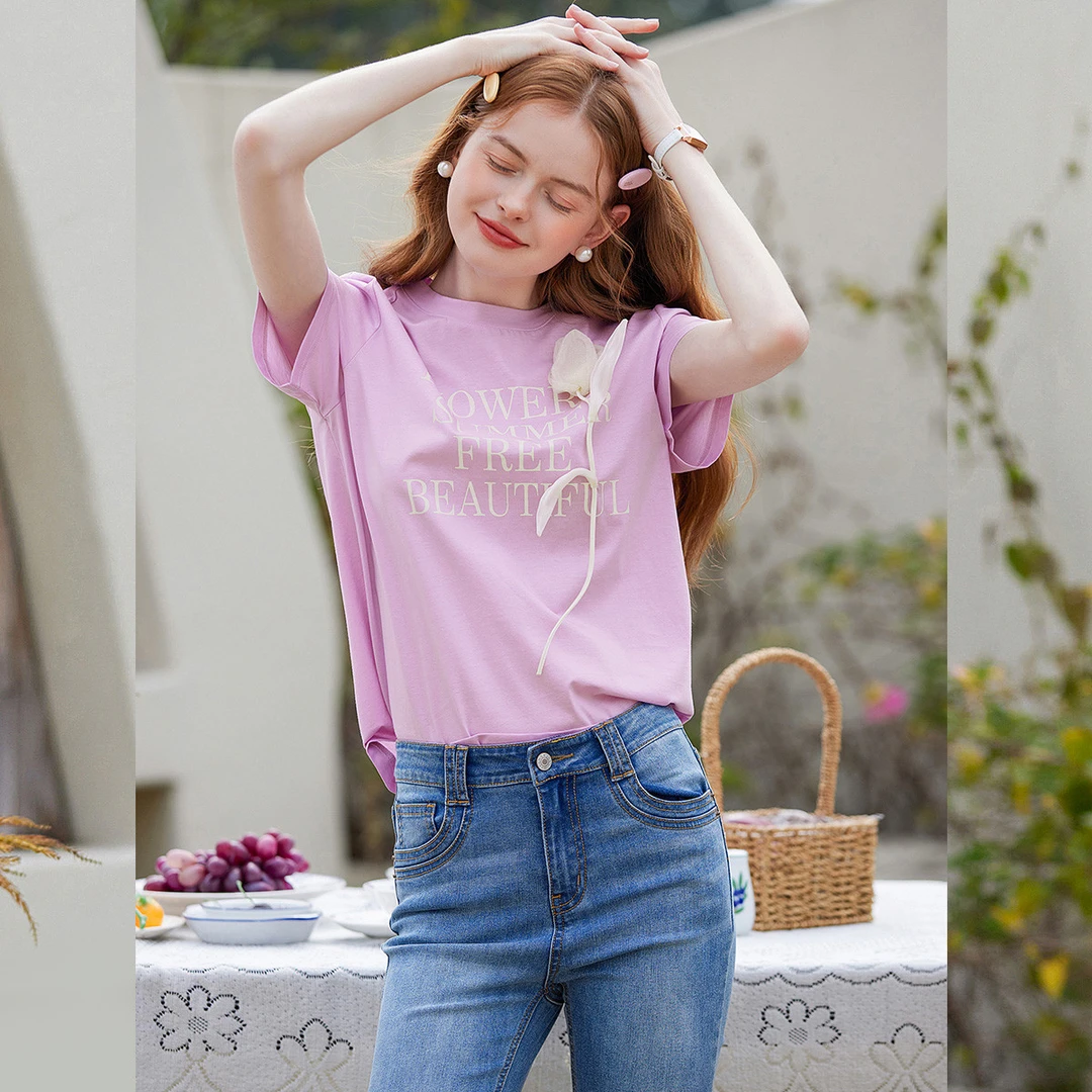 【商场同款新品】白鹿语立体花朵短袖t恤宽松字母印花T恤YU20069