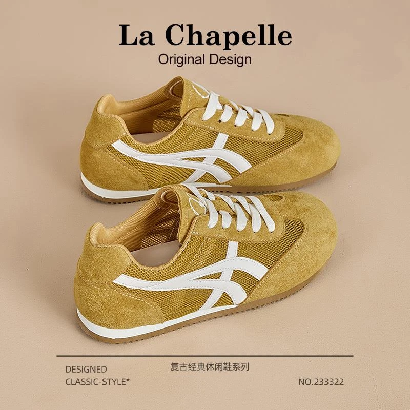 拉夏贝尔欧若风德训鞋女2025新款冬季网面透气小白鞋厚底运动板鞋