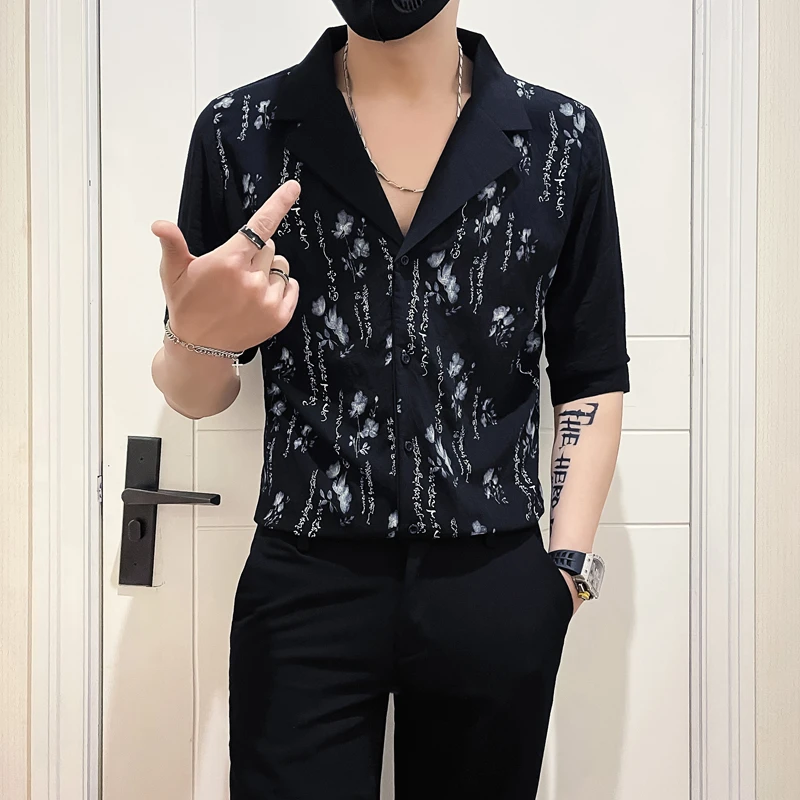 高级感冰丝衬衫男短袖潮牌休闲印花衬衣男款2025新款夏装半袖上衣