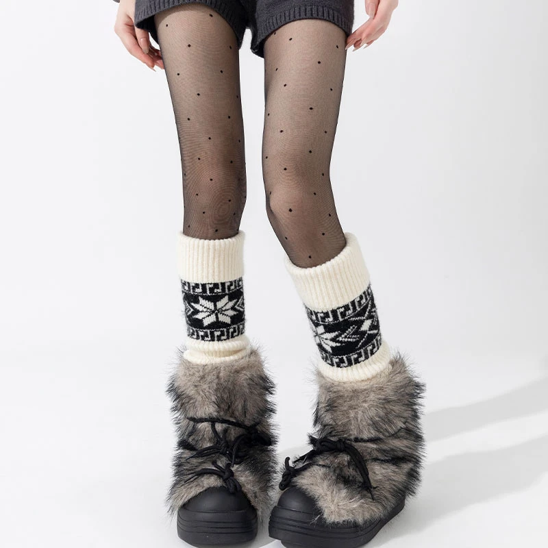 灰色格雷系外穿小腿套秋冬款温暖羊毛堆堆袜套复古费尔岛风长筒袜