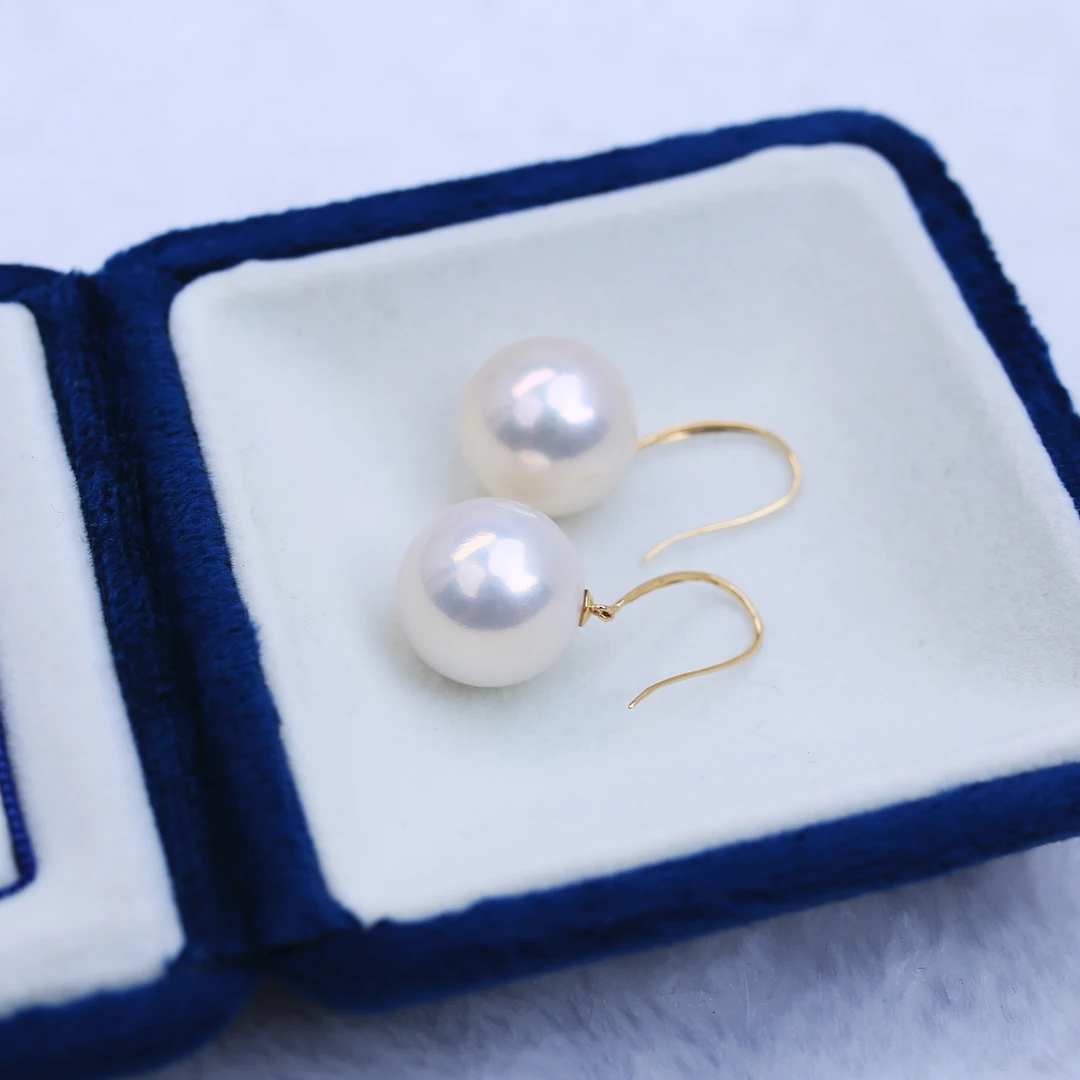天然珍珠18K镶嵌耳钩耳饰14-15mm灵动大气