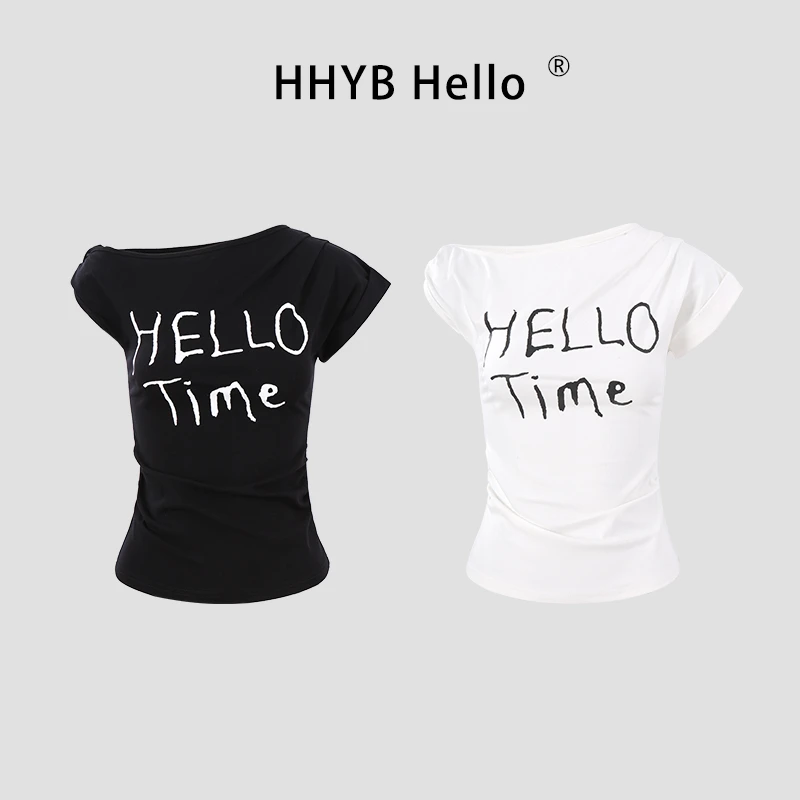 HHYB Hello2025早秋新款白色斜肩扭结短袖印花修身t恤上衣250676