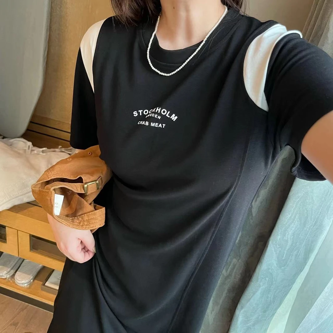 D861立体字母休印花宽松显瘦女拼色短袖连衣裙