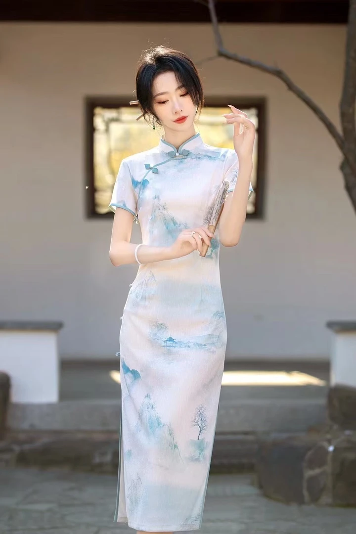 W-2962 青山 蕾丝复合 国风 新中式夏款年轻款改良旗袍115cm长款