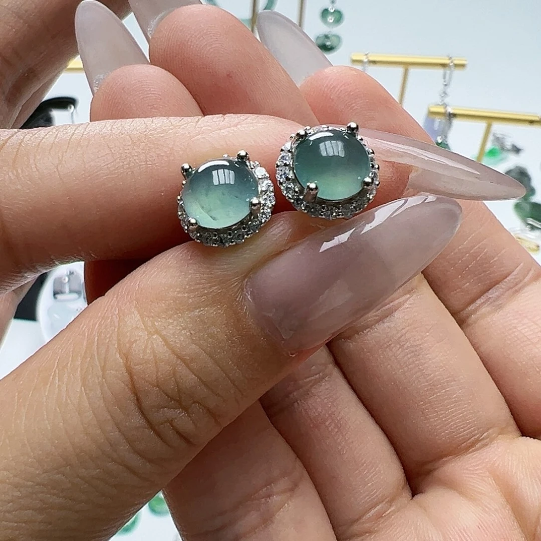 银S925镶嵌翡翠耳饰天然缅甸A货翡翠