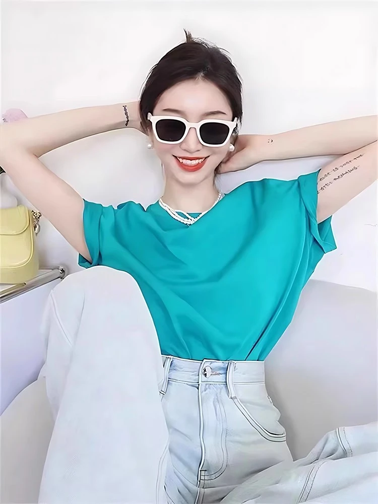 纯棉水蓝色短袖t恤女爆款宽松显瘦纯色体恤时尚百搭半袖上衣洋气