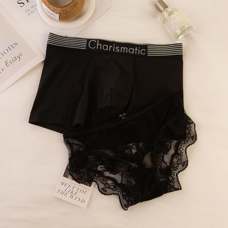 暧昧夜曲~情侣内裤夏季男女士一男一女性感蕾丝黑色三角平角裤