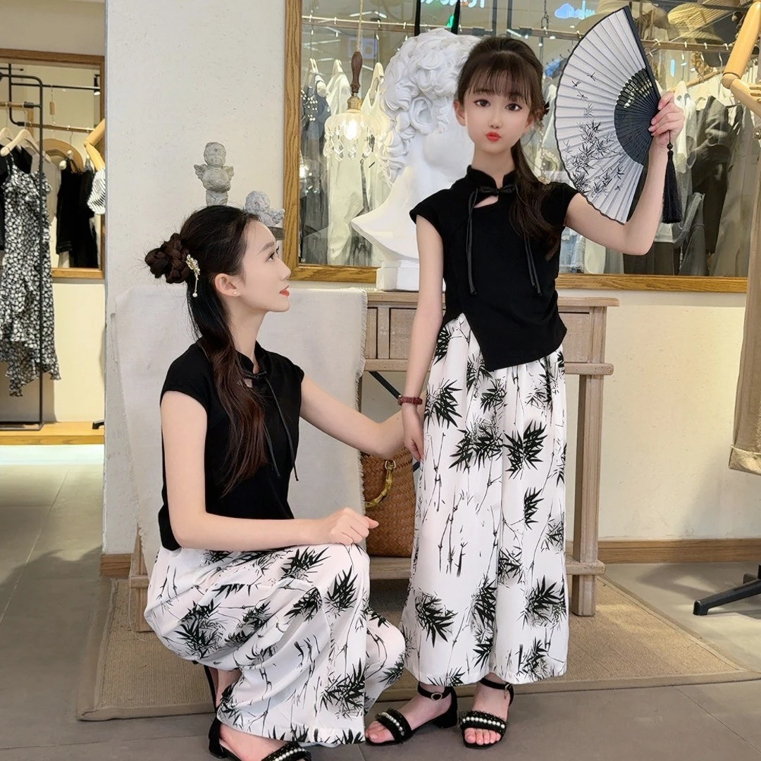 女童国风2025夏季套装洋气印花时尚儿童中大童女宝宝中式夏季套装