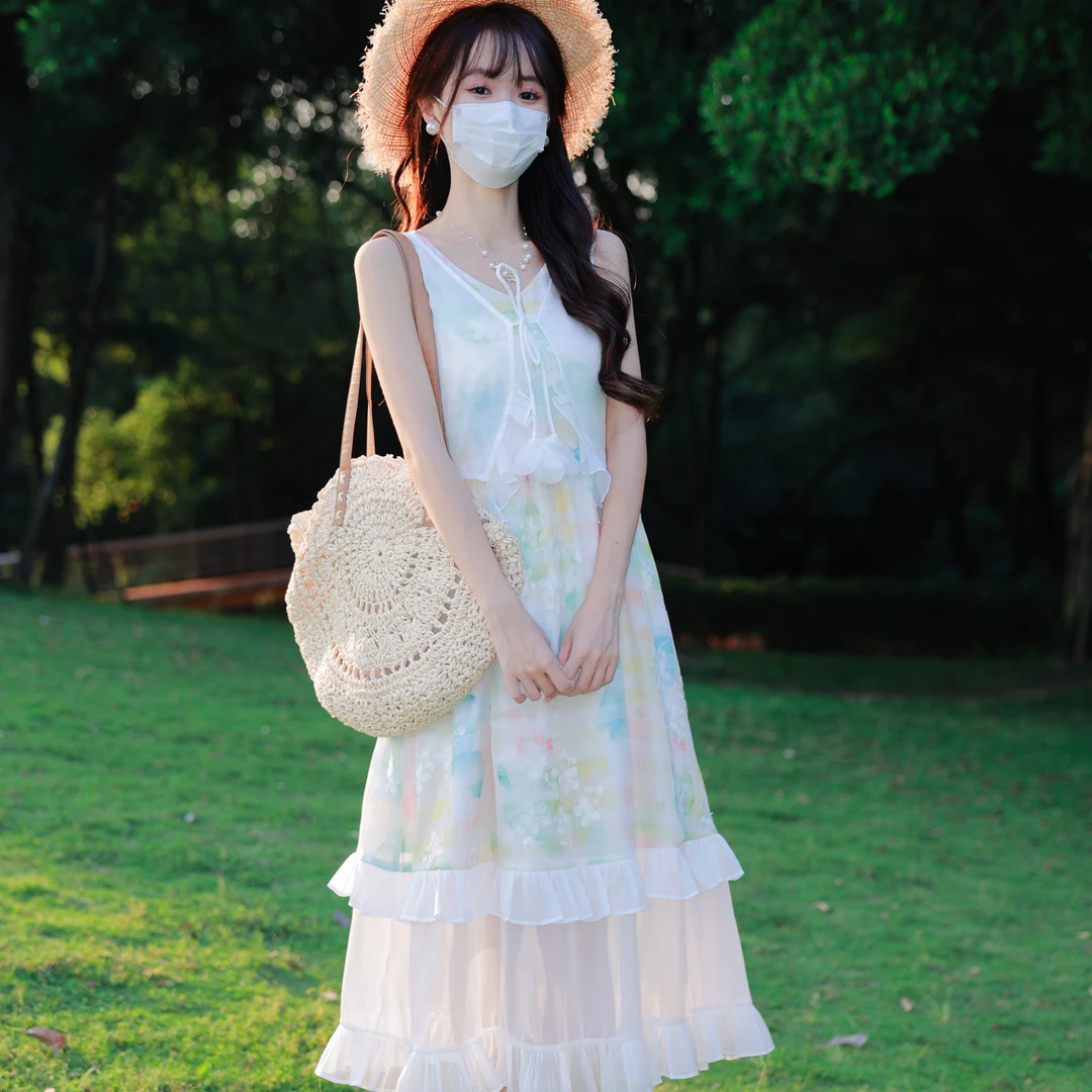 花崎鹿原创甜美莉兰百合假两件连衣裙气质夏季温柔长裙度假海边