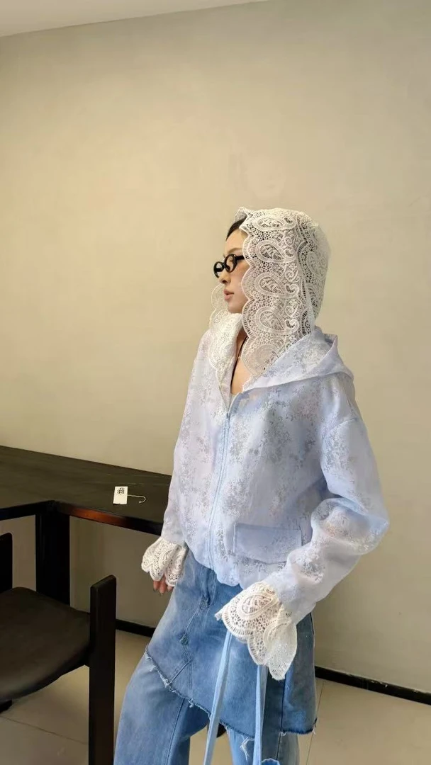 小雅  韩版蕾丝甜美连帽假两件长袖防晒衣外套IR06