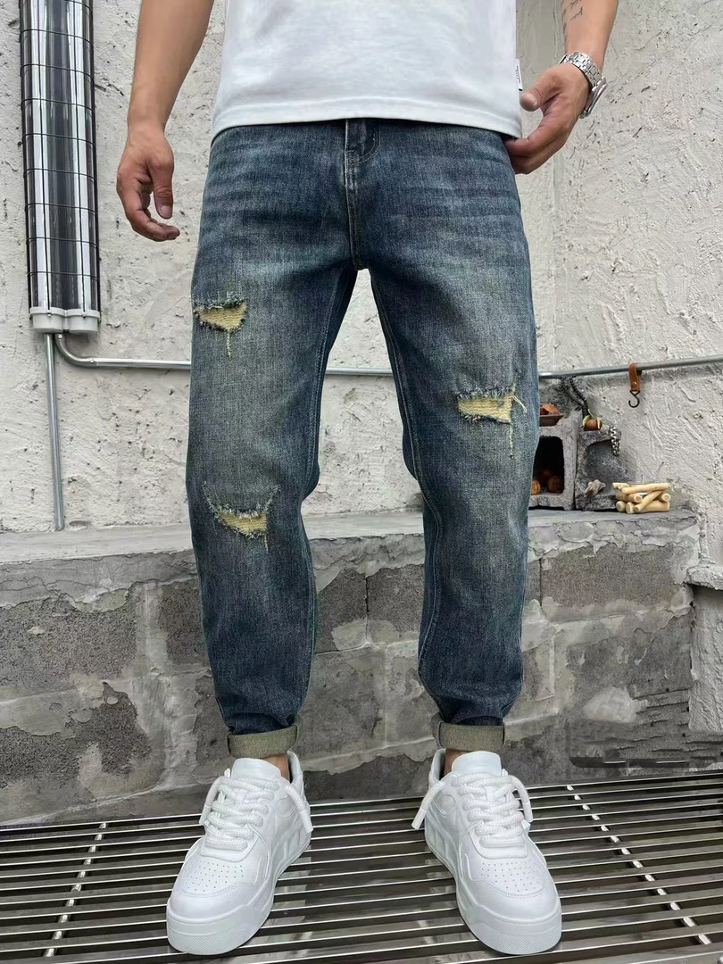 【小璐优选】秋季破洞高弹力复古小直筒牛仔裤弹力裤子美式