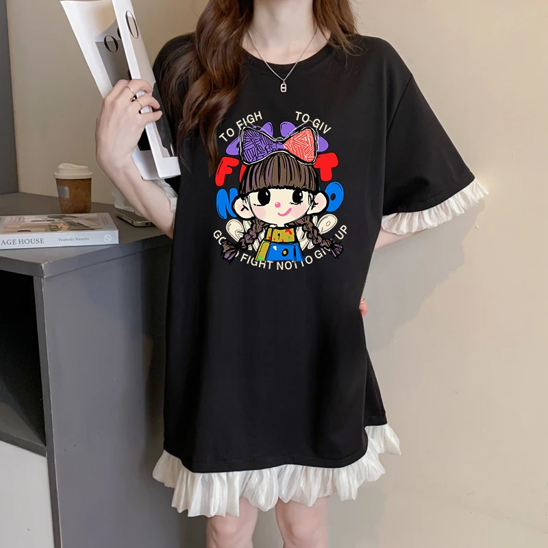 纯棉胖mm显瘦短袖T恤裙女夏季2025新款宽松蕾丝拼接减龄连衣裙ins