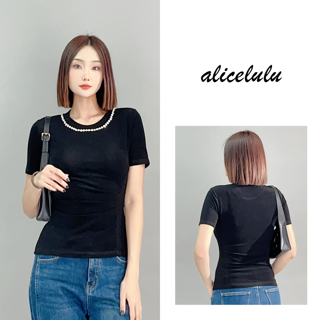 1 alicelulu]黑天鹅醋酸上衣璀璨烫钻 显瘦褶皱 S2138053L