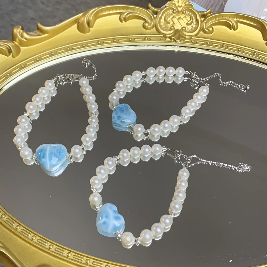天然淡水珍珠 海纹石爱心手链B415