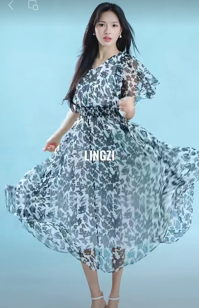 LINGZI/领姿夏季长款收腰圆领印花连衣裙LZ5101032