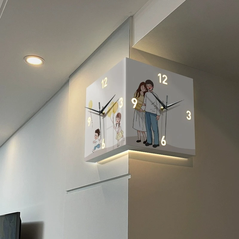 一家四口客厅双面转角挂钟创意温馨静音时钟挂墙壁画拐角钟画