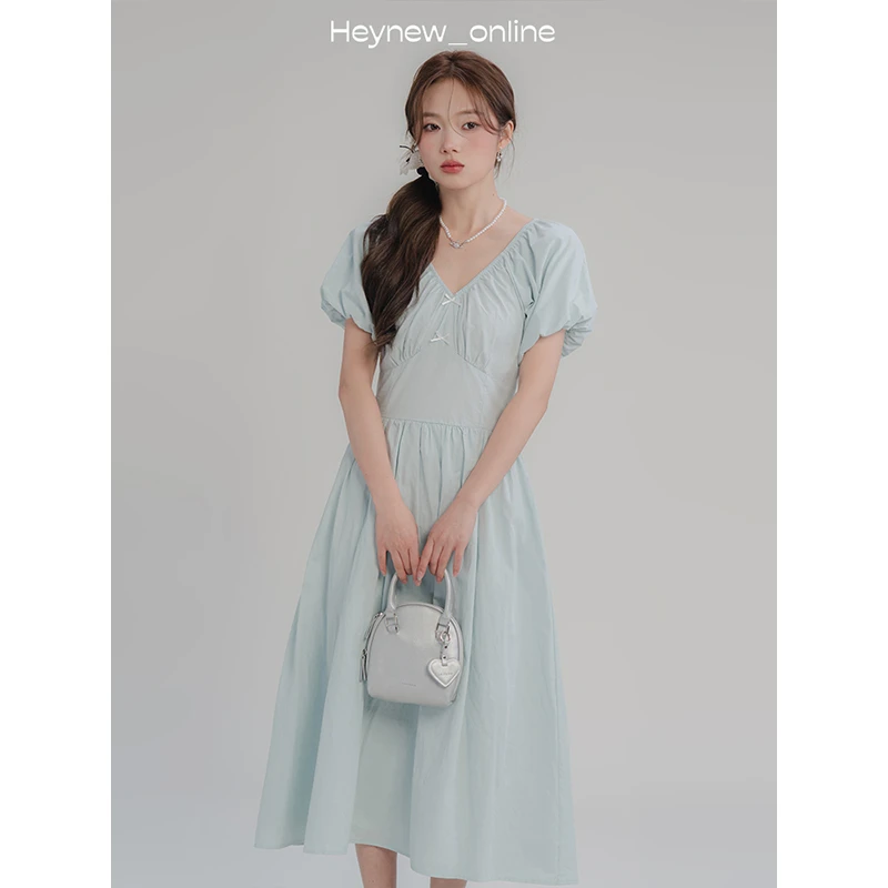 【年中清清】气质法式泡泡袖V领连衣裙复古-4C1284小众长款收腰