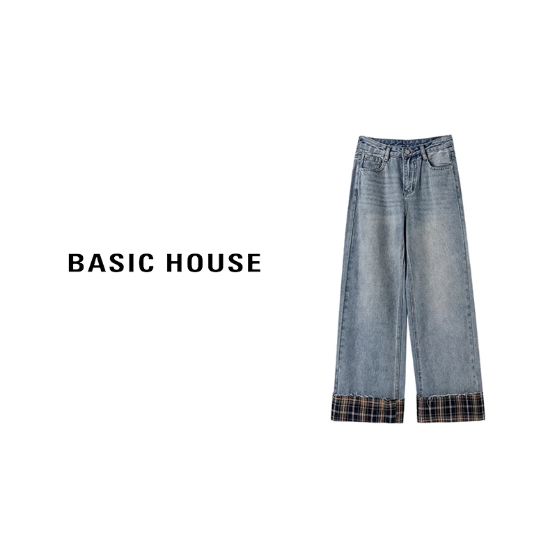 Basic House/百家好2025春季显瘦高腰百搭时尚宽松直筒牛仔裤