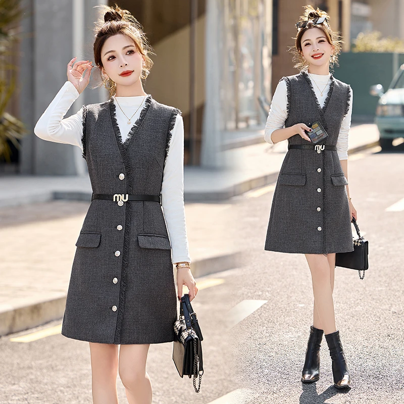 小香风气质精致洋气收腰马甲连衣裙两件套女2025春季新款套装裙子