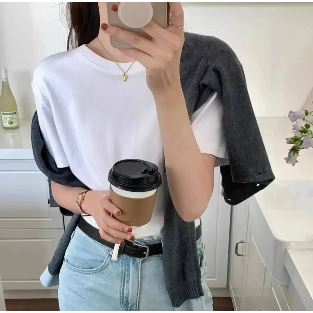 新疆长绒纯棉短袖t恤女宽松休闲纯色圆领T恤上衣打底不透