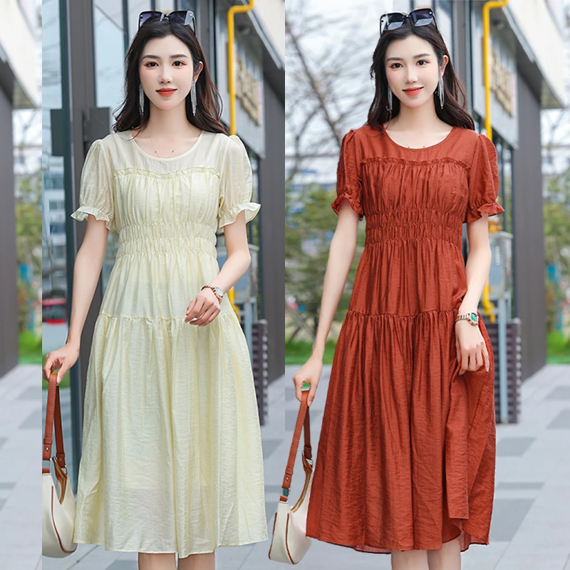 复古拼接褶皱连衣裙时尚纯色大摆裙妈妈装裙子收腰显瘦减龄中长裙