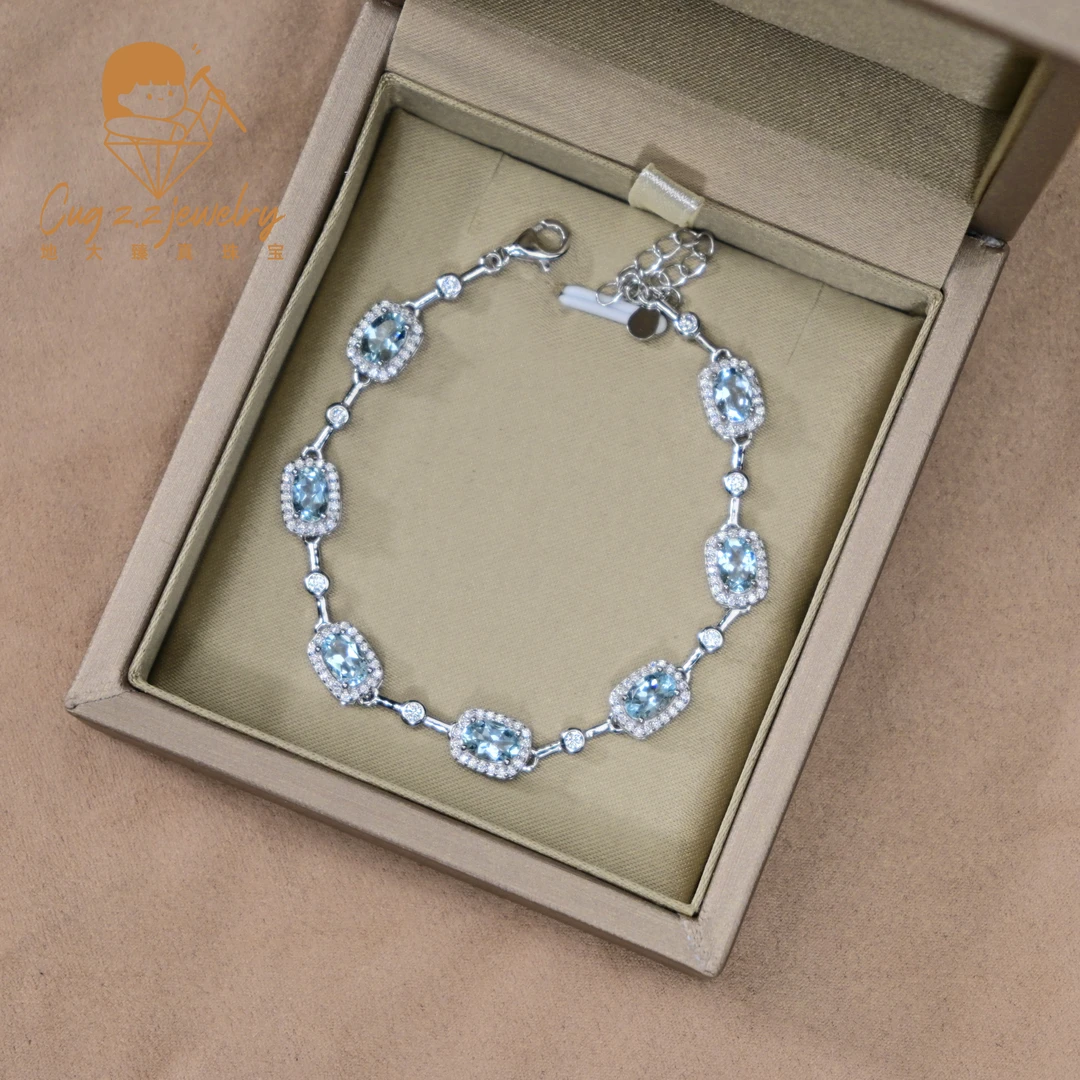 天然原矿海蓝宝石手链轻奢温柔气质爆闪礼物925银