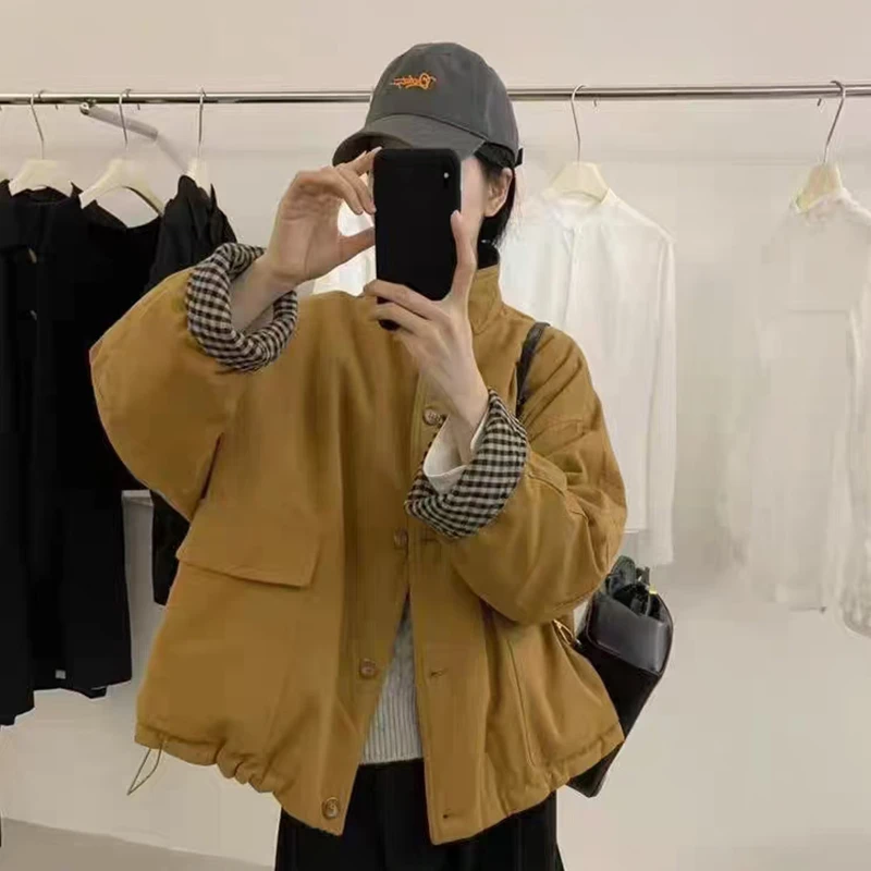 立领短款工装夹棉外套女2025大码新款胖MM显瘦遮肉设计感撞色棉服