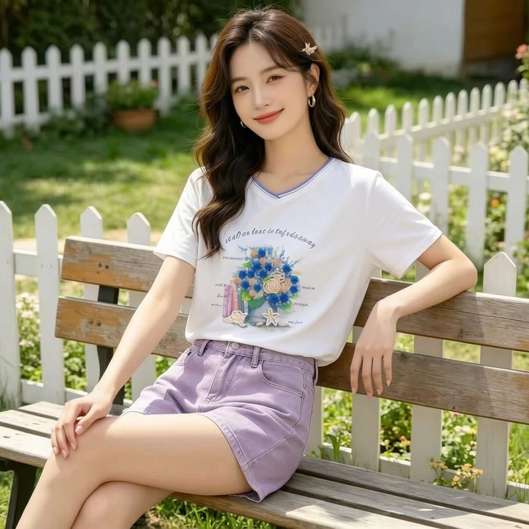 【花开半夏】短袖T恤女夏季精梳纯棉刺绣简约百搭上衣百搭半袖