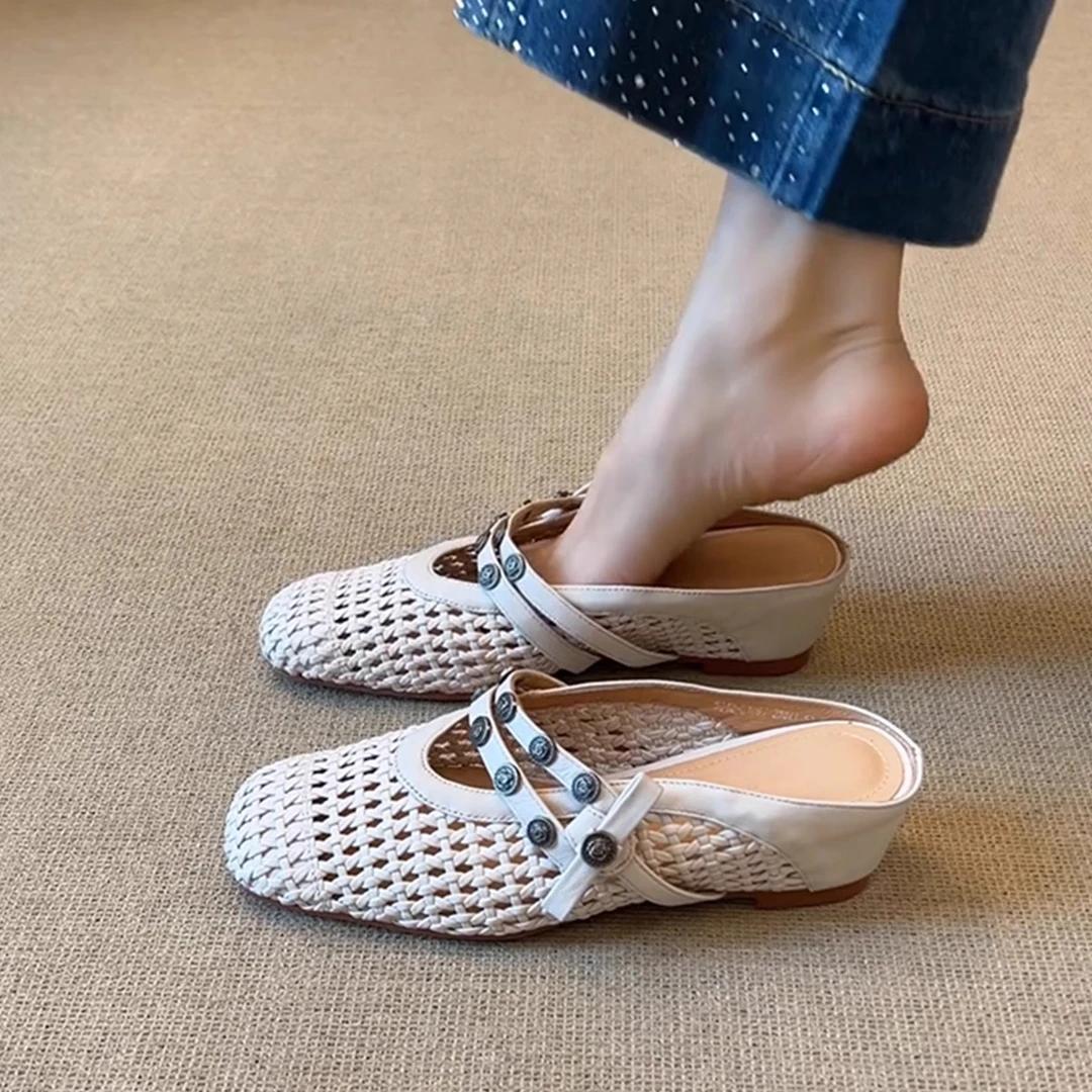 羊皮版~法式镂空编织包头鞋女一字带蝴蝶结内增高通勤真皮半拖鞋
