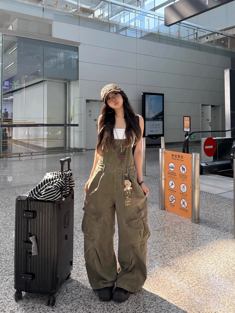 艺尙 美式复古百搭工装牛仔背带裤女宽松连体裤女夏休闲阔腿裤潮