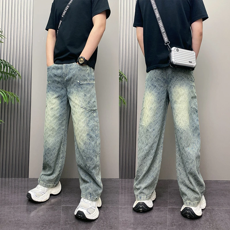 2025秋季新款美式复古水洗提花牛仔裤男宽松阔腿弯刀裤潮流长裤男