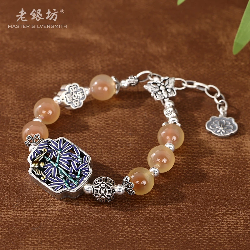 【老银坊】s925银橙玛瑙竹节花窗蝴蝶手链 0033687