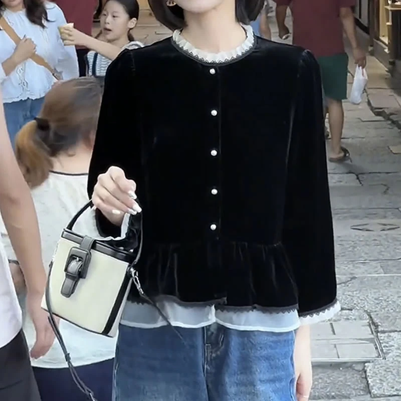 【有运费险】新中式荷叶边收腰上衣女2025秋季新款洋气显瘦丝绒衬衫