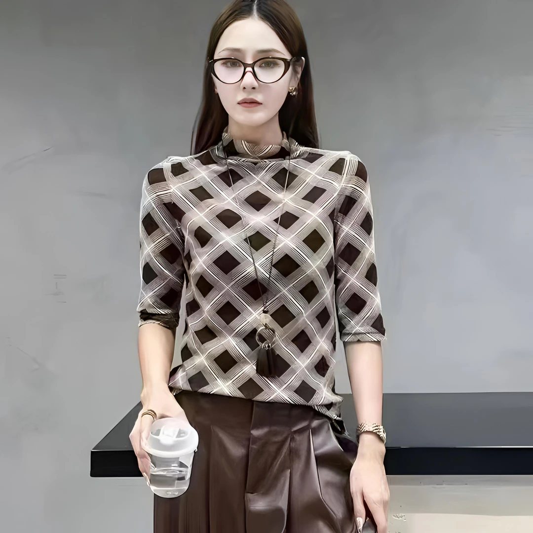 2025秋新款轻奢经典菱形格休闲气质恒桑蚕丝印花高领五分袖T恤女