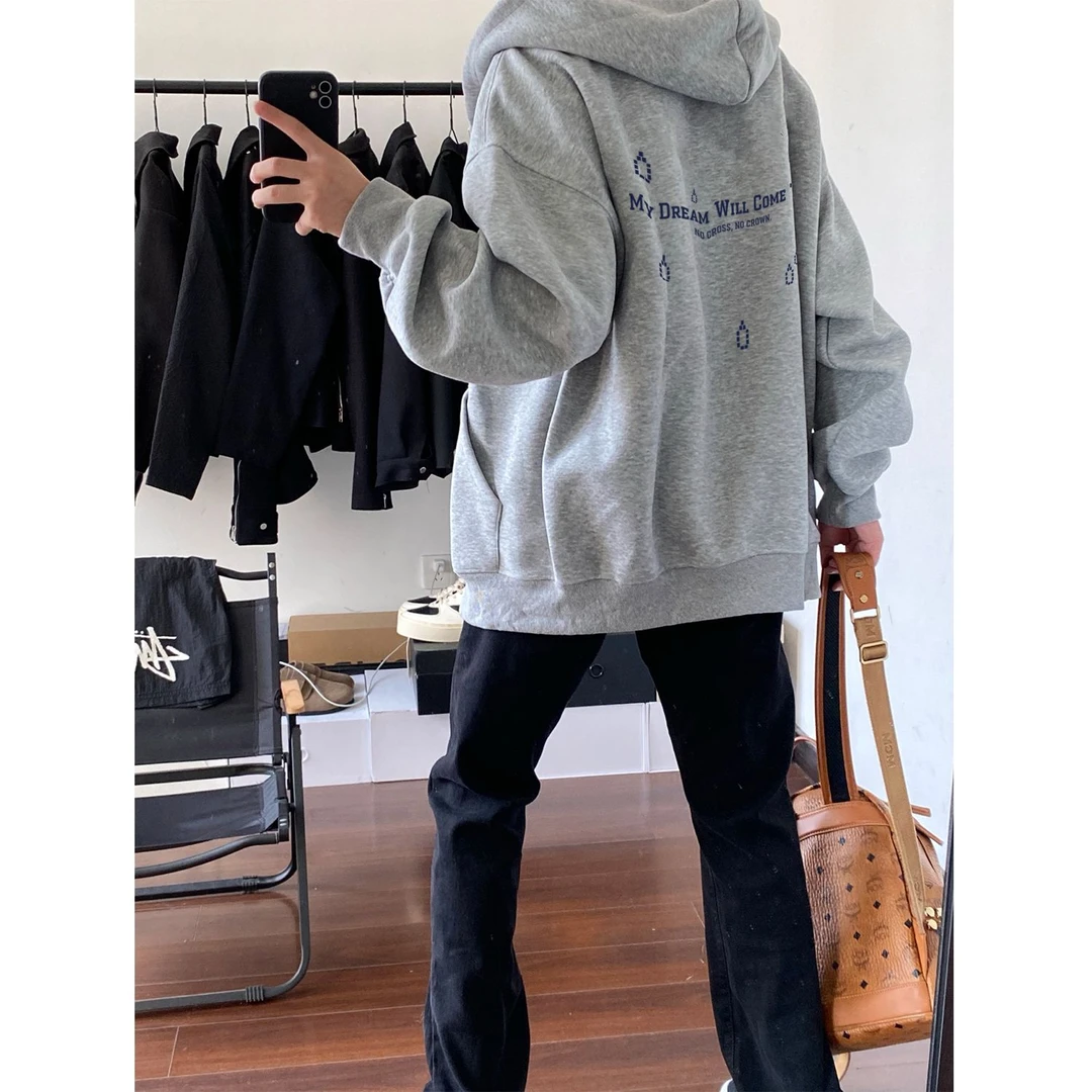 潮流秋冬季无口袋男女连帽卫衣水滴字母印宽松套头休闲情侣上衣