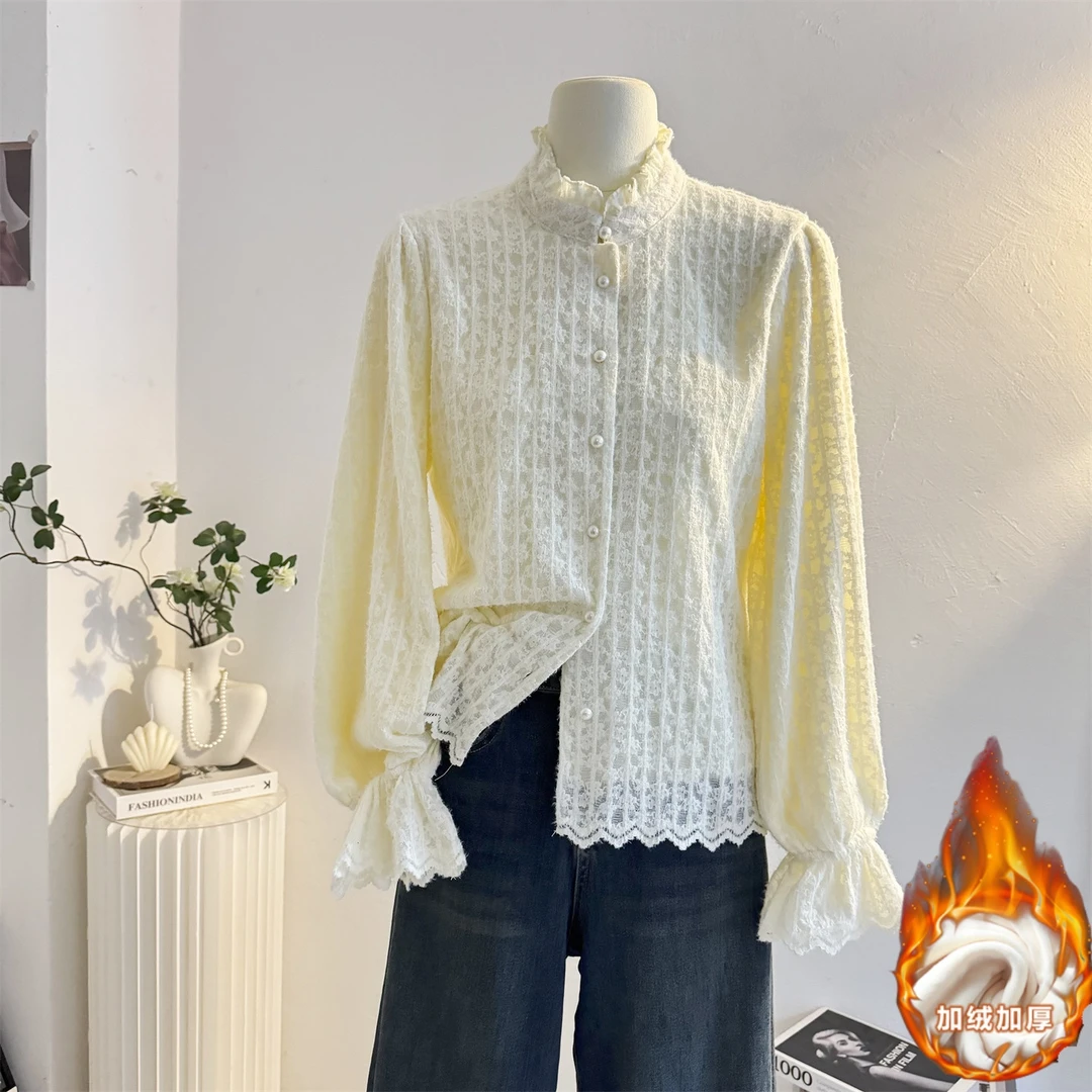 木耳立领蕾丝衫加绒加厚长袖衬衫女2025秋冬洋气内搭打底小衫上衣