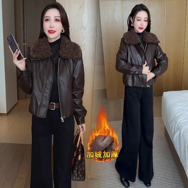 加绒加厚短款皮衣女冬季新款洋气保暖羊羔毛领PU皮夹克棉袄外套