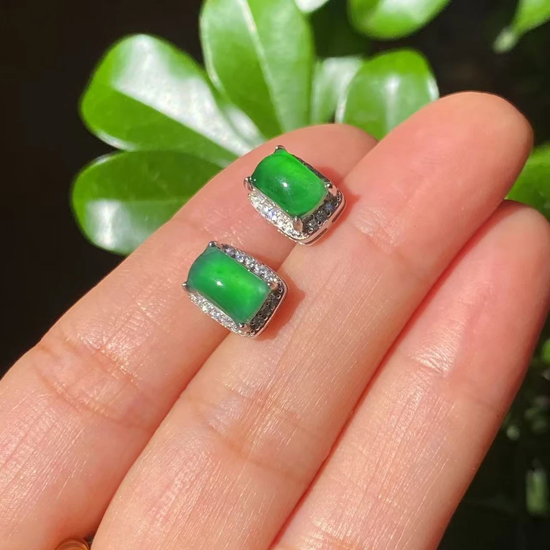 天然A货冰绿方糖翡翠耳钉S925银镶时尚耳饰精致裸石8.5×5mm