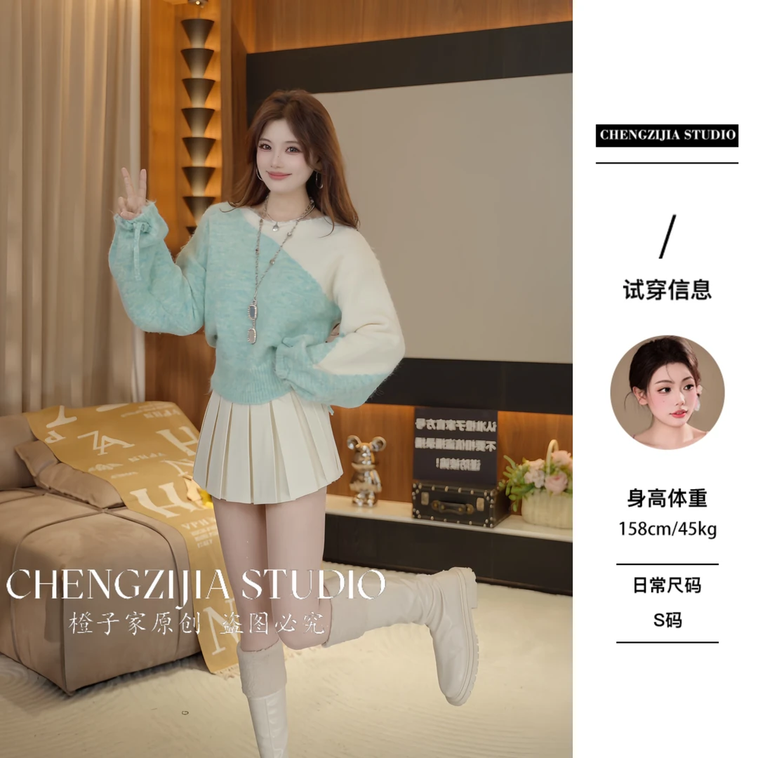 【裴诗婷】MY00054圆领撞色绑带套头毛衣05