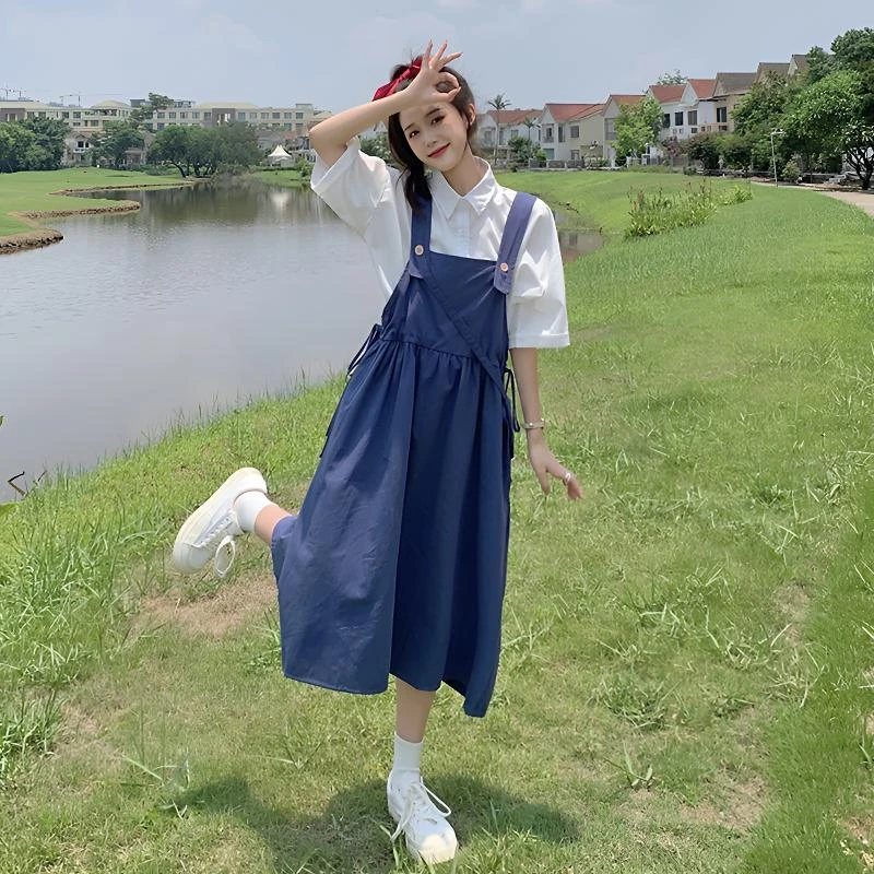 日系背带连衣裙少女夏装2023新款初中高中学生两件套装森系长裙子