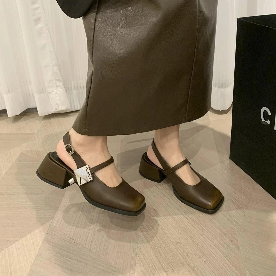 高跟方头浅口搭扣单鞋凉鞋复古春夏法式跟鞋女鞋包头987-5棕色
