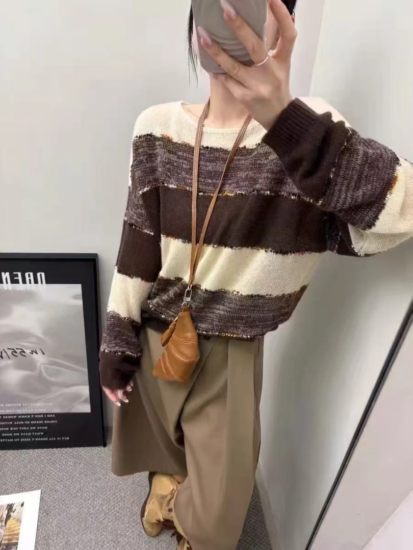 【绵羊毛】秋季新款时尚设计感百搭显瘦拼色条纹针织衫女洋气上衣