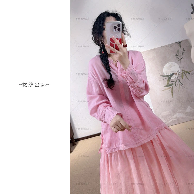 26034忆绵出品“浪漫之旅”糖果色系文艺清新苎麻上衣