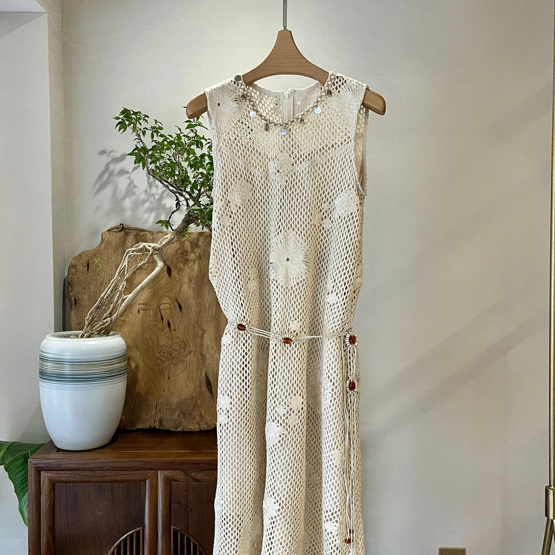 【花影流苏】新中式刺绣贝母镂空夏季无袖长裙U型领高奢慵懒