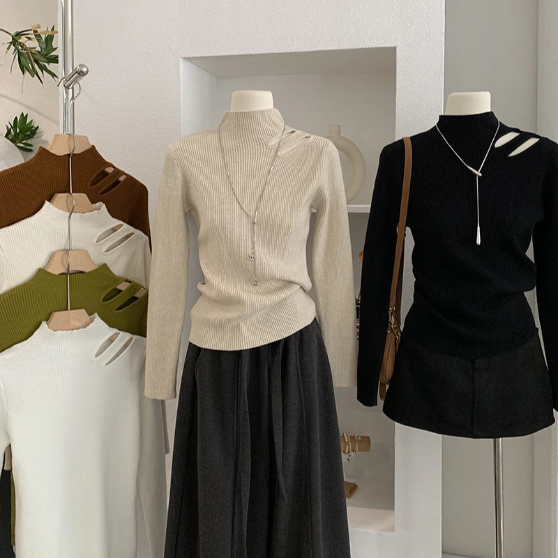 欧玛莱小立领镂空露肩针织衫秋冬复古内外百搭叠穿打底上衣5450