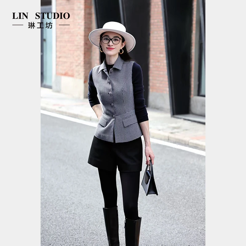 琳工坊“春暮”蓝白格马甲百搭时尚干练通勤职场气质百搭唐琳设计师