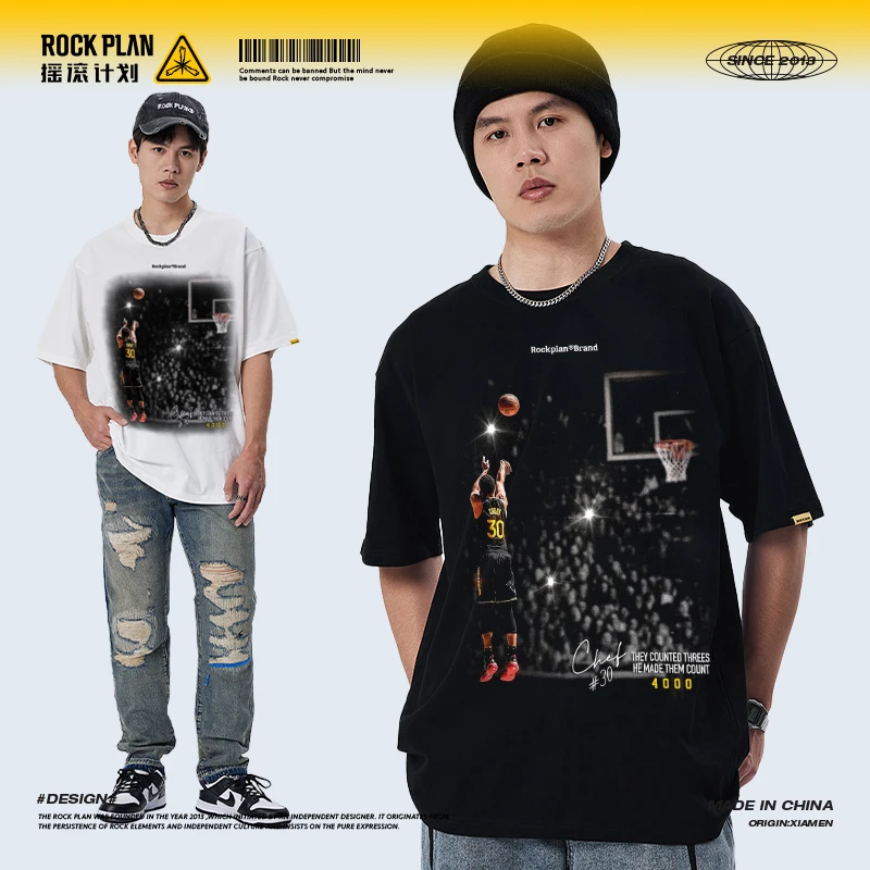 摇滚计划库里四千三分印花美式高街潮牌复古男女同款纯棉短袖t恤