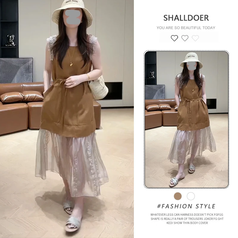 2025新款夏季韩版拼接木耳花边中长款无袖连衣裙气质显瘦潮流女士